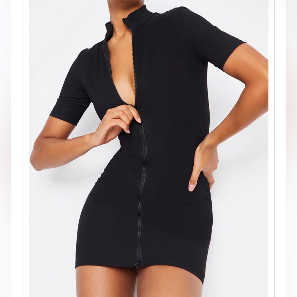 COPY - Black Zip Front Rib Short Sleeve Bodycon Dress